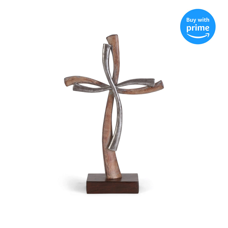 Distressed Natural Brown Silver Tone Double Cross 12 x 7.5 Resin Decorative Wall and Tabletop Frame