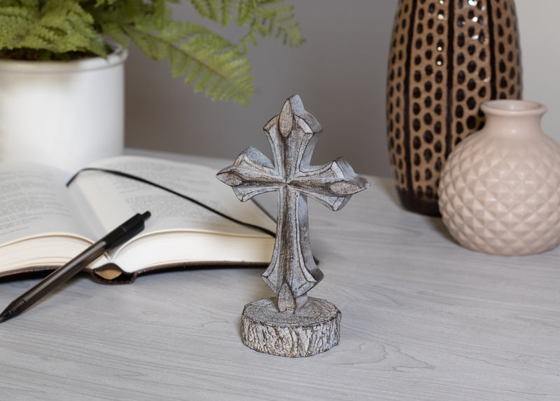 Antiqued Greywash Cross on Stand 6 x 3.5 Resin Decorative Wall and Tabletop Frame