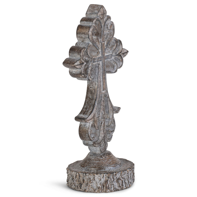 Antiqued Greywash Cross on Stand 7 x 3.5 Resin Decorative Wall and Tabletop Frame
