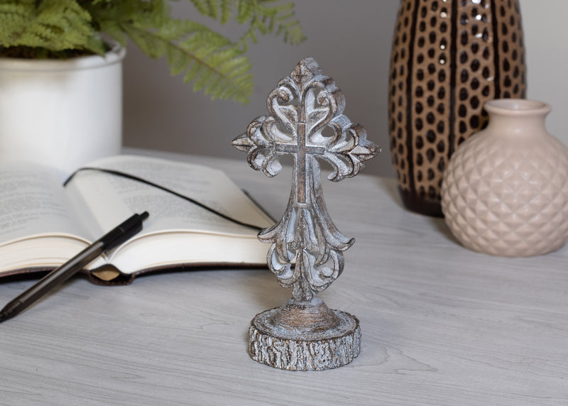 Antiqued Greywash Cross on Stand 7 x 3.5 Resin Decorative Wall and Tabletop Frame