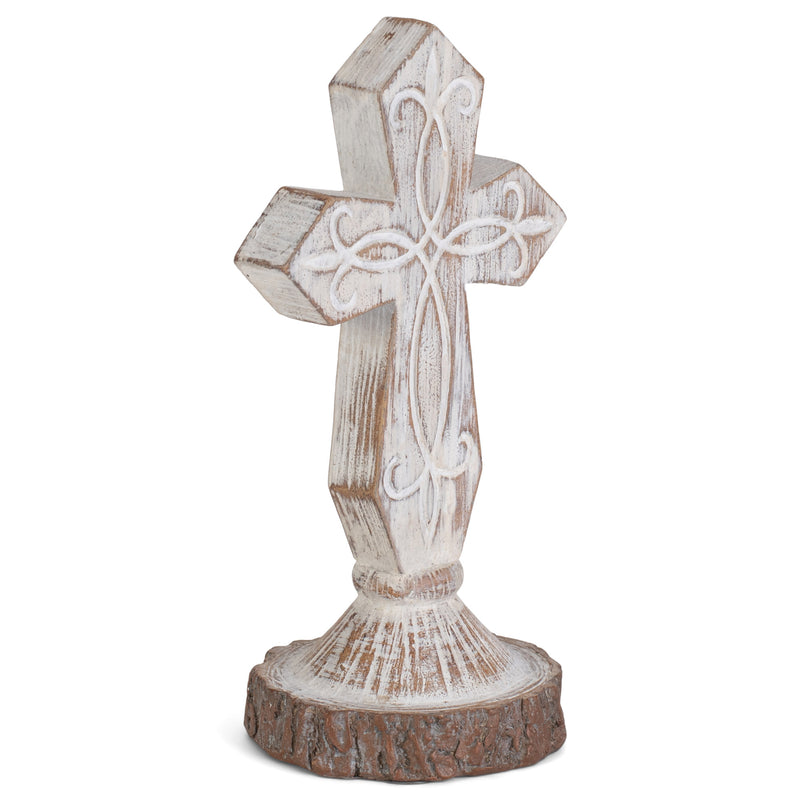 Antiqued Whitewash Cross on Stand 6 x 3 Resin Decorative Wall and Tabletop Frame