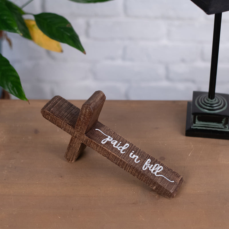 Dicksons Paid In Full Wood Look 10 x 5 Inch Resin Stone Tabletop Cross