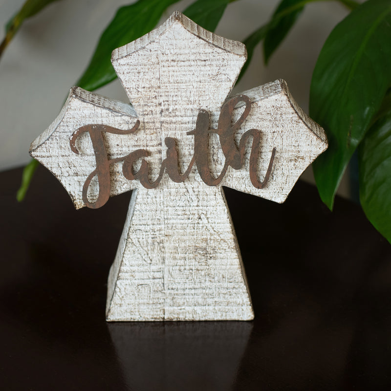 Dicksons Faith Cross White Washed 6 x 5 Resin Stone Tabletop Figurine