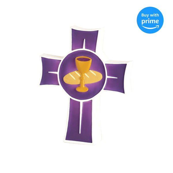 First Holy Communion Purple 5.5 x 4.5 Resin Stone Tabletop Cross Figurine