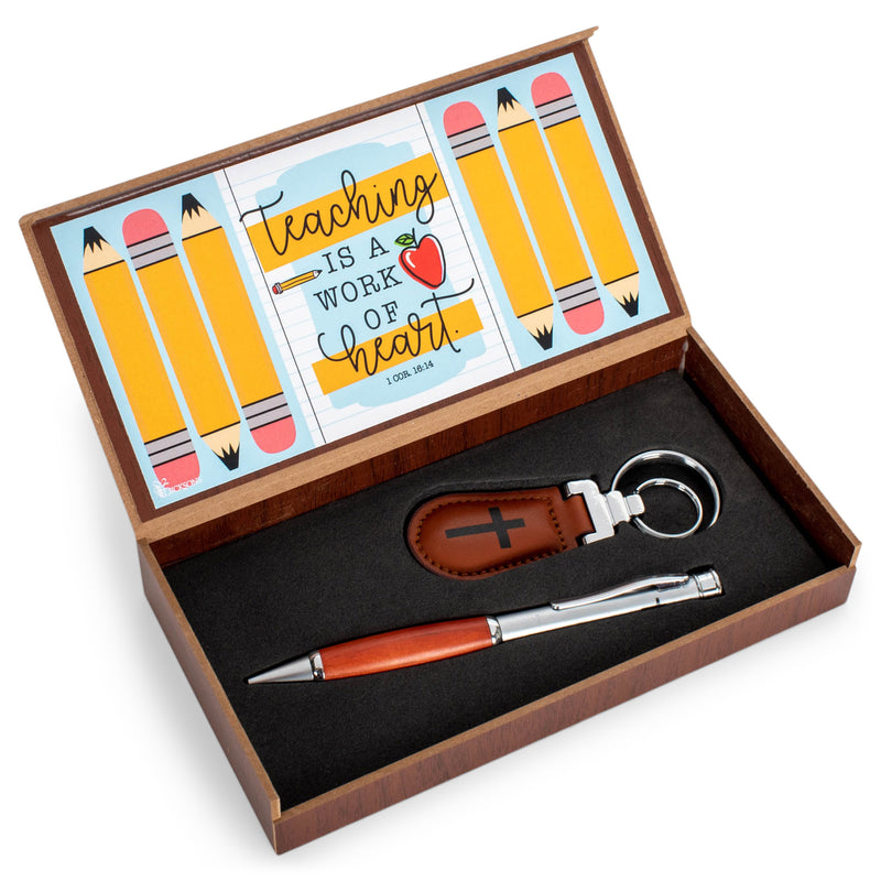 Teaching A Work of Heart Yellow 7.5 x 5 Metal Pen and Key Chain Boxed Giftable Set