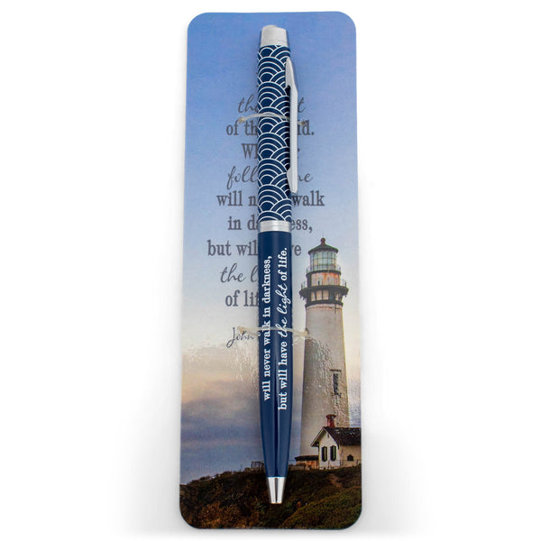 Royal Blue Silver Ton Lighthouse 5 inch Metal Ballpoint Pen On Card