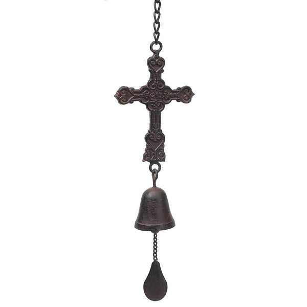 Dicksons Filigree Embossed Cross and Bell Brown 5 x 8 Metal Hanging Indoor Outdoor Wind Chime