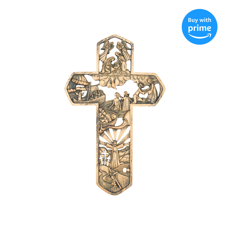 Dicksons Life of Christ Stories Carved Woodgrain 11 Inch Resin Hanging Wall Cross