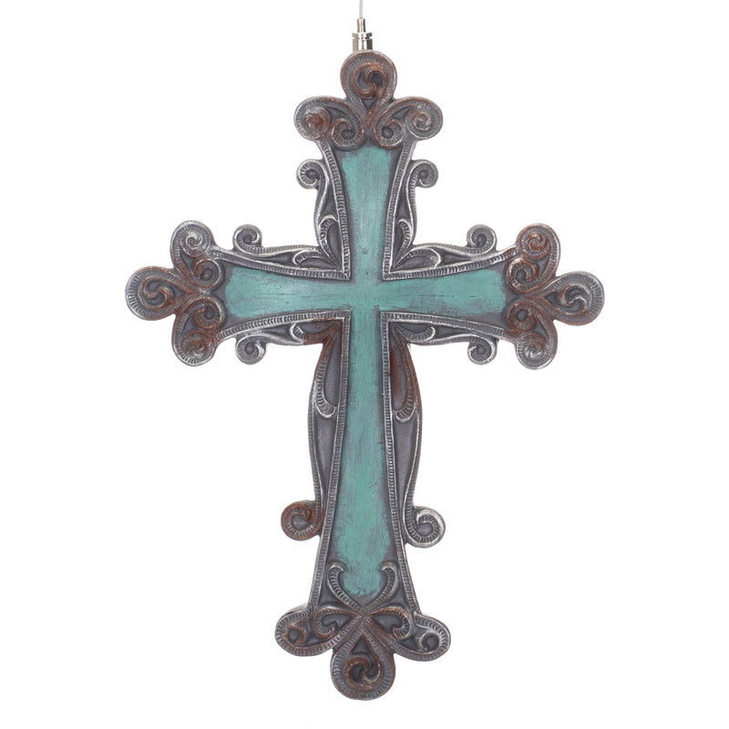 Dicksons Filigree Turquoise Inlay Antiqued Brown 11 Inch Resin Wall Cross