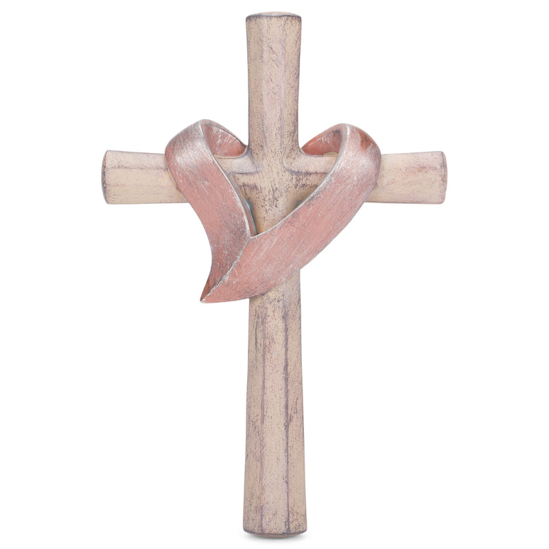Cross with Heart Sash Distressed Patina Bronze Tone 6 x 11 Resin Stone Wall Sign Plaque