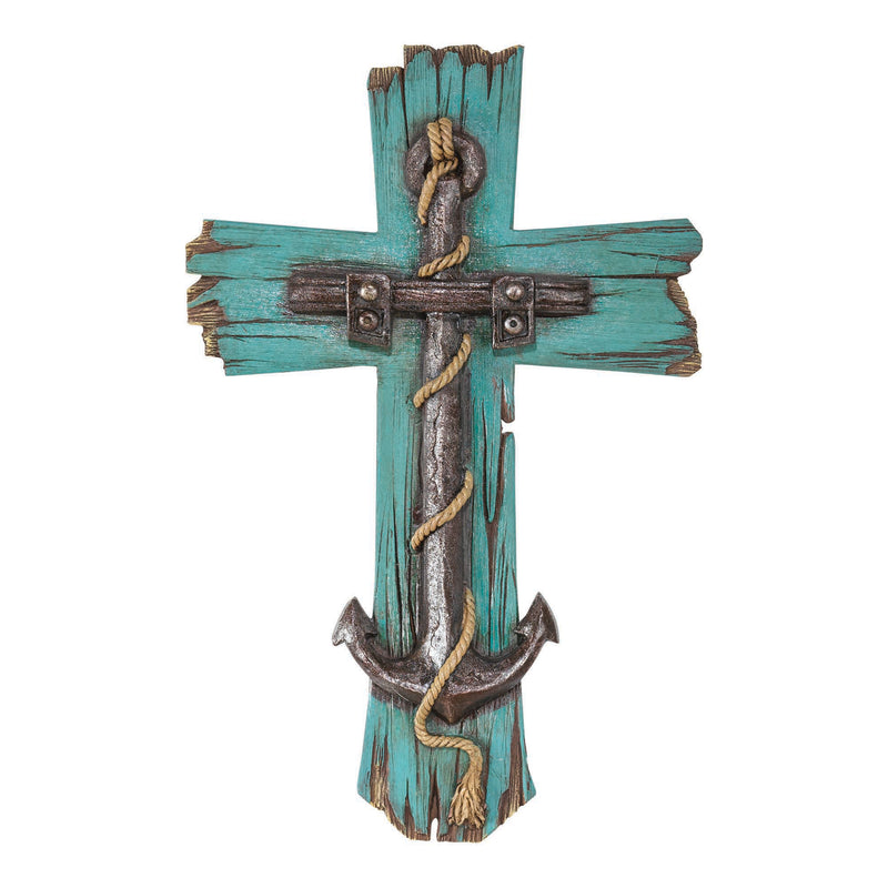 Antique Anchor Distressed Turquois 8 x 12 Resin Stone Wall Cross